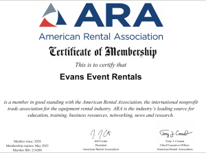 Ara certificate for Evans Event Rentals